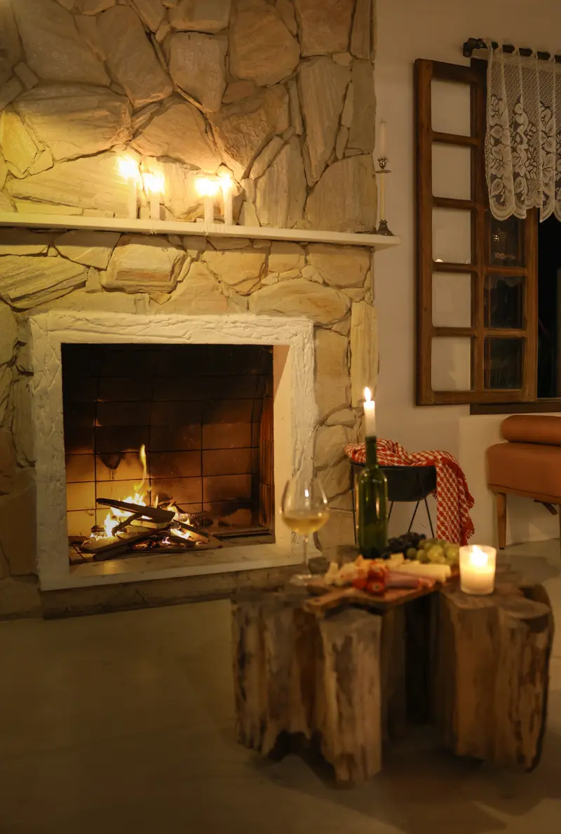 Sala com a lareira acesa em clima de noite tranquila