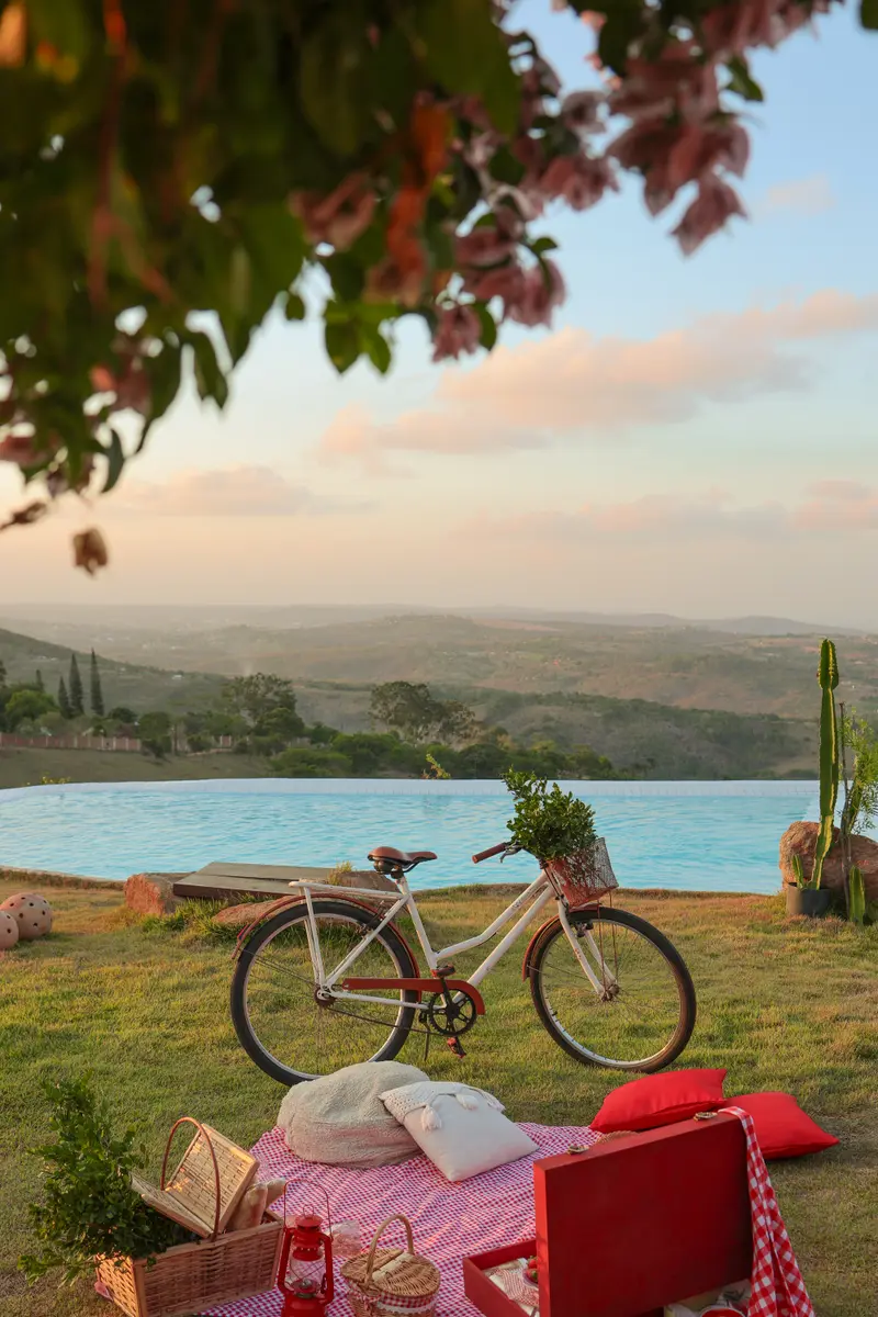 Piquenique com bicicleta sobre a manta no gramado, com a piscina ao fundo